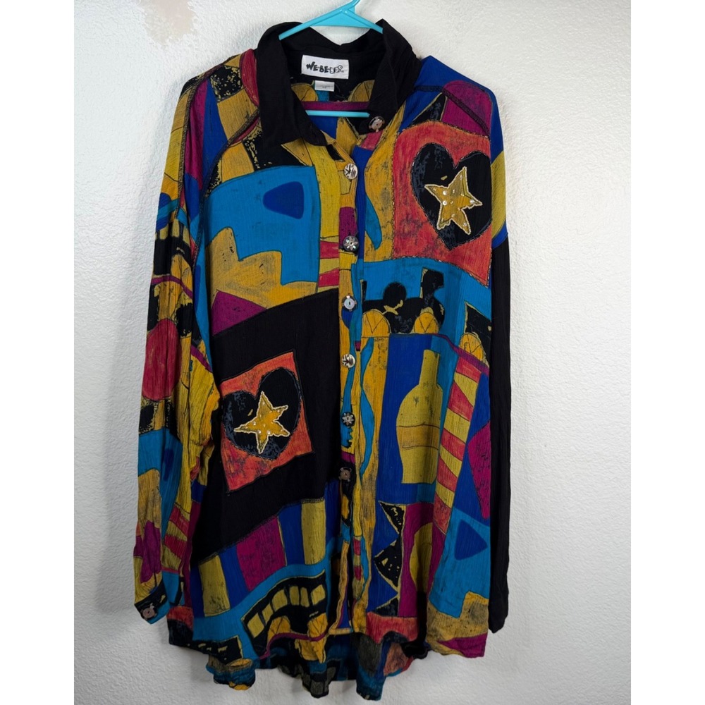 We Be Bop Women's Top Tunic Multicolor Sz 2X Crinkle Beaded Artsy Colorful